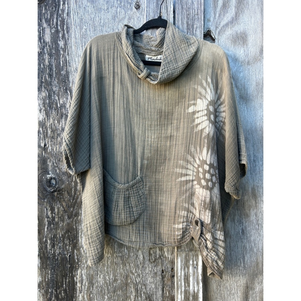 Machiko Women Olive Green‎ Cotton Double Gauze Cowl Neck Sunburst Poncho Top